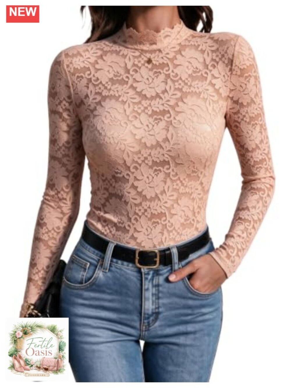 Sheer Mesh Lace Long Sleeve Blouse Mock Neck Going Out Top